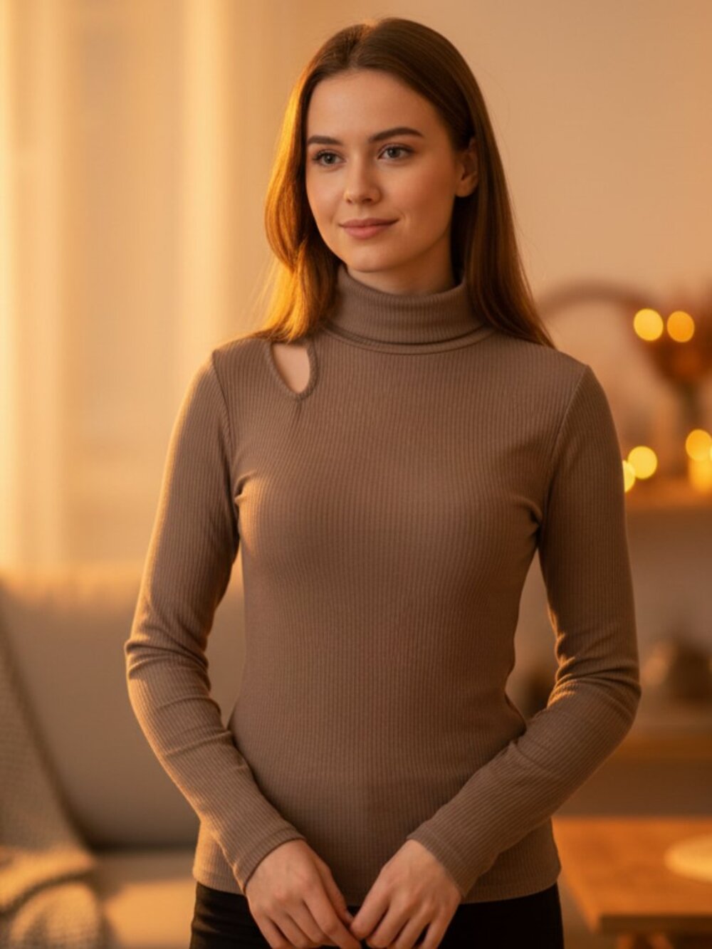 Boutique Chic Brown Ribbed Cutout Turtleneck Long Sleeve Top NWOT Made with Love